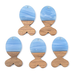 Bleu Bleuet Pendentifs en résine opaque et bois de noyer, poisson, bleuet, 38x22x3mm, Trou: 2mm