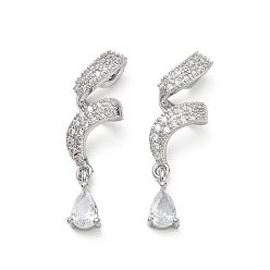 Platino Latón micro pavimenta claro colgantes de circonio cúbico, cinta retorcida con dijes en forma de lágrima, Platino, 29.5x10x6 mm, agujero: 4x2 mm