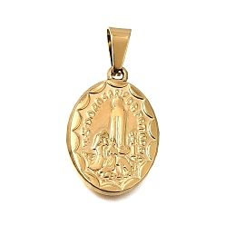 Golden Ion Plating(IP) 304 Stainless Steel Pendants, with 201 Stainless Steel Snap On Bails, Oval with Virgin Charms, Golden, 28x19x3mm, Hole: 8x4.5mm