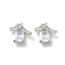 Real Platinum Plated Brass with Glass Rhinestone Pendants, Rectangle with Bowknot Charms, Real Platinum Plated, 18x19x7mm, Hole: 1.2mm