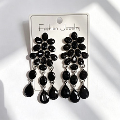 Jet Alloy Rhinestone Flower Teardrop Stud Dangle Earrings for Women, Golden, Jet, 65mm
