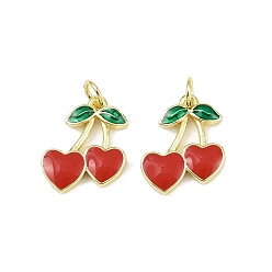 Вишня Латунь эмаль подвески, с целью перехода в кольце, фруктовое очарование, без свинца и без кадмия, долговечный, стойки покрытие, реальный 18 k позолоченный, вишня, 16.5x13x2.5 мм, отверстие : 3 мм