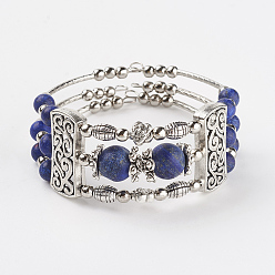 Ляпис-Лазурь Три петли тибетского стиля сплава обертывания браслеты, с натуральными бусинами лазурита (окрашенными и нагретыми), 2 дюйм (50 мм)