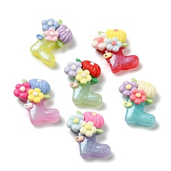 Mixed Color Resin Cabochons, Glitter Galoshes with Flower, Mixed Color, 24.5x22.5x7.5mm