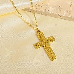 Golden 304 Stainless Steel Textured Religion Cross Pendant Necklaces, Golden, 15.75 inch(40cm)