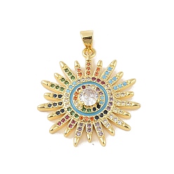 Turquoise Brass Micro Pave Cubic Zirconia Pendants, Cadmium Free & Nickel Free & Lead Free, Real 18K Gold Plated, Sun, Turquoise, 29.5x26.5x5mm, Hole: 4x3.5mm