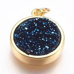 Marine Blue Brass Charms, with Druzy Resin Cabochon, Flat Round, Golden, Marine Blue, 14x11.5x3mm, Hole: 2mm