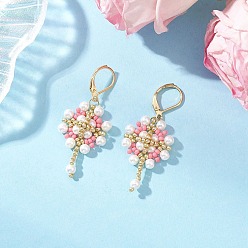 Pink Цветок с крестом 304 серьги из нержавеющей стали стеклянные семена серьги с застежкой-молнией, золотые, розовые, 49x20.5 мм