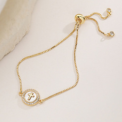 Cross Браслеты из латуни с микропаве из прозрачных кубических цирконий и натуральных ракушек., Браслеты-слайдеры с цепочкой-коробочкой для женщин, плоско-круглые, реальный 18 k позолоченный, крестик, 5.91~11.81 дюйм (15~30 см)