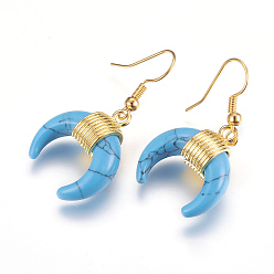 Синтетическая Бирюза Болтаться серьги синтетические бирюзовые, с латунной фурнитурой , двойной рог / полумесяц, золотые, 41 мм, контактный: 0.5 мм, кулон: 23x20x9 мм