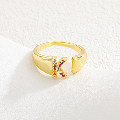 Letter K Браслет-манжета из латуни с микропаве и цветными кубическими циркониями, открытые кольца., буквы, золотые, Письмо K, 15~20 мм