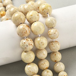 Светло-желтый Нити из натуральных окаменелых бусин разного размера, окрашенные, круглые, сгладить, светло-желтый, 6.5~12.5 мм, отверстие : 0.9~1.2 мм, около 53 шт / нитка, 16.93~17.20'' (43~43.7 см)