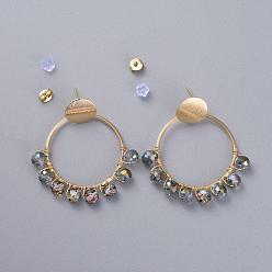 Colorful Dangle Stud Earrings, with Glass Beads, Plastic & Brass Ear Nuts, Golden Plated Brass Findings and Cardboard Boxes, Ring, Colorful, 43mm, Pin: 0.8mm