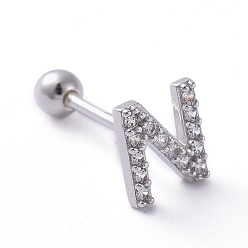 Letter N Boucles d'oreilles en argent sterling plaqué rhodium, micro pavé, zircone cubique transparente, haltère, cartilage, letter.n, 925mm, pin: 6.5x5.5x1.5 mm