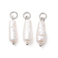 Нержавеющая Сталь Цвет Подвески из натурального барочного жемчуга кеши, Подвески в виде колонн с 304 соединительными кольцами из нержавеющей стали, цветочный белый, цвет нержавеющей стали, 18~20x5~6.5 мм, отверстие : 3 мм