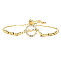 Золотой Браслеты-слайдеры ко дню матери из латуни с микропаве из прозрачного кубического циркония, браслеты для женщин, Плоский круглый со словом мама, золотые, 5-7/8~11-3/4 дюйм (15~30 см)