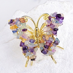 Флюорит Украшения для демонстрации образцов минералов из необработанной натуральной флюоритовой крошки, с металлическим держателем-бабочкой, украшение для домашнего рабочего стола по фэн-шуй, 65x75 мм