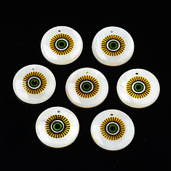Light Khaki Printed Freshwater Shell Charms, with Enamel, Flat Round, Light Khaki, 17.5~18.5x2.5~3.5mm, Hole: 1.2mm