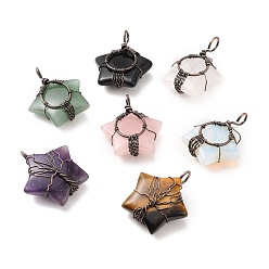 Mixed Stone Natural & Synthetic Gemstone Pendants, with Red Copper Wire Wrapped, Cadmium Free & Lead Free, Star, 34~37.5x29~31x10~12mm, Hole: 5~6mm