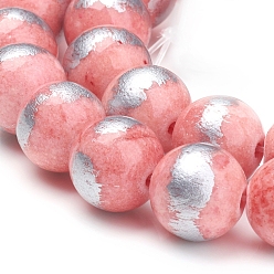 Pink Natural Jade Beads Strands,  Brushed Silver Color, Dyed, Round, Pink, 8mm, Hole: 0.8mm, about 50pcs/strand, 15.7 inch(40cm)