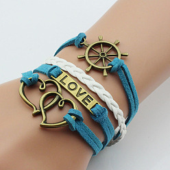 Темно-Голубой Многорядные браслеты из искусственной кожи и пенькового шнура, сплав любовь и сердце подвески браслеты для женщин, глубокое синее небо, 6-1/4~7-1/8 дюйм (16~18 см)