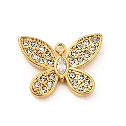 Бабочка 304 из нержавеющей стали Кристалл Rhinestone подвески, реальный 18 k позолоченный, бабочка, 14x18.5x3 мм, отверстие : 1.5 мм