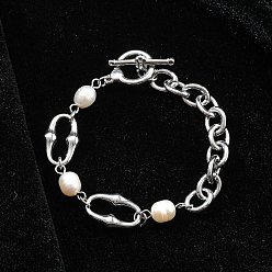 Нержавеющая Сталь Цвет Браслеты из цепей из нержавеющей стали, жемчужные бусины jwewly для женщин, цвет нержавеющей стали, 7-1/4 дюйм (18.5 см)