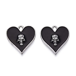 Черный Подвески из сплава хэллоуина с эмалью, подвески в виде сердца с черепом, металлический черный , чёрные, 21x19x3 мм, отверстие : 2x3 мм