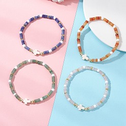 Смешанные камни Природных драгоценных камней из бисера браслеты простирания, Бижутерия в виде креста из синтетической бирюзы для женщин и мужчин, с Гальваническим немагнитных синтетическими гематита бисера, бусины : 4 мм, внутренний диаметр: 2.13~2.32 дюйм (5.4~5.9 см)