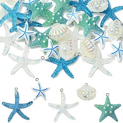 (52) Непрозрачная лаванда 30 шт 5 стили подвески из непрозрачной смолы, морская звезда и форма раковины, с железной платиной петлей, разноцветные, 23.5~40x23.5~38.5x5.5~17 мм, отверстие : 2 мм, 6 шт / стиль