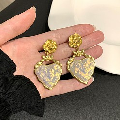 Золотой Серьги-гвоздики из сплава ко Дню святого Валентина, сердце с розовым цветком, золотые, 40 мм