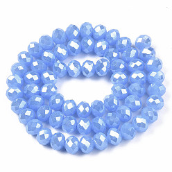 Cornflower Blue Electroplate Glass Beads Strands, Imitation Jade Beads, Pearl Luster Plated, Faceted, Rondelle, Cornflower Blue, 6x5mm, Hole: 1mm, about 87~90pcs/strand, 17~17.5 inch(42.5~43.75cm)