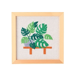 Green Plant Pattern Embroidery Beginner Kits, including Embroidery Fabric & Needle & Thread, Instruction, Green, Packaging: 225x225mm