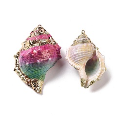 Colorful Spray Painted Natural Spiral Shell Pendants, with Rack Plating Light Gold Tone Brass Loops, Shell Shape, Colorful, 47~62x34.5~44x23.5~30mm, Hole: 1.2mm