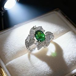 Зеленый Латунные микро проложить пальцев кольца кубического циркония, овальные, платина, зелёные, внутренний диаметр: регулируемый