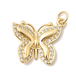 Настоящее золото 18K Латунные микропаве прозрачные подвески с фианитом, бабочки прелести, без кадмия и без свинца, долговечный, стойки покрытие, реальный 18 k позолоченный, 18.5x20.5x3 мм, отверстие : 3.3 мм
