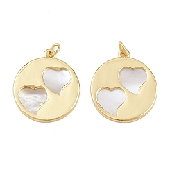 Сердце Природные подвески оболочки, латунные полые плоские круглые подвески с соединительными кольцами, реальный 18 k позолоченный, без свинца и без кадмия, долговечный, стойки покрытие, цвет морской раковины, сердце, 23x20.5x2 мм, отверстие : 3.4 мм