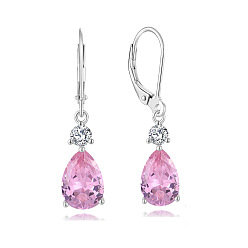 Бледно-Розовый Латунь кубического циркония болтаться серьги, слеза, платина, розовый жемчуг, 33x8 мм