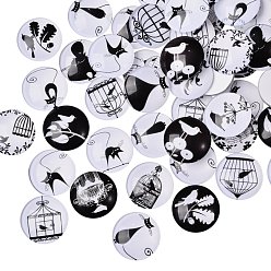 Black 100Pcs Retro Black and White Picture Glass Cabochons, Half Round/Dome, Black, 25x7mm