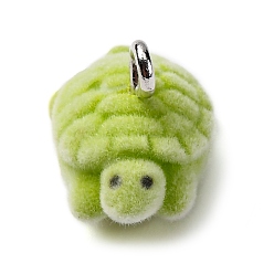 Лайм Кулоны из флокированной смолы, черепаха, с железной платиной петлей, желто-зеленые, 11x10.5x15.5 мм, отверстие : 1.8 мм