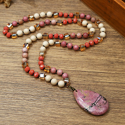 Родонит Натуральный родонит плоская каплевидная подвеска круглые камни и кубические стеклянные бусины длинные ожерелья для женщин, 29.92 дюйм (76 см)