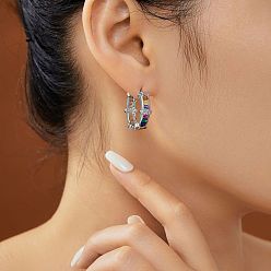 Серебро Серьги-кольца из латуни с цветным прозрачным кубическим цирконием, серебряные, 20x7 мм