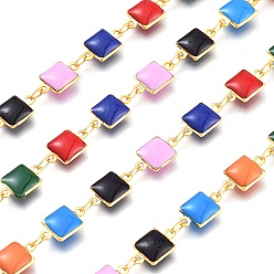 Colorful Brass Square Link Chains, with Enamel and Spool, Soldered, Long-Lasting Plated, Real 18K Gold Plated, Colorful, Square: 11.5x7.5x3mm, about 32.8 Feet(10m)/roll