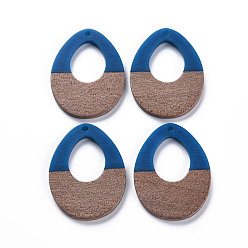 Royal Blue Opaque Resin & Walnut Wood Pendants, Two Tone, Teardrop, Royal Blue, 37x28.5x3mm, Hole: 2mm