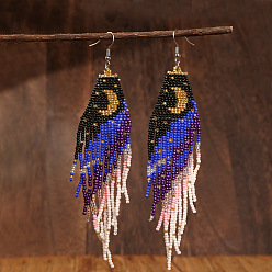 Фиолетовый Серьги-подвески в форме луны из нержавеющей стали, со стеклянными бусинами ручной работы, платина, фиолетовые, 145x33 мм