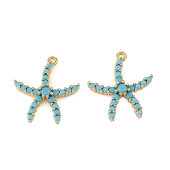 Real 18K Gold Plated Brass Micro Pave Deep Sky Blue Cubic Zirconia Pendants, Starfish Charms, Rack Plating, Long-Lasting Plated, Cadmium Free & Lead Free, Real 18K Gold Plated, 21x19x3.5mm, Hole: 1.2mm