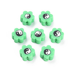 Mittleres Frühlingsgrün Manuell Polymer Ton Perlen, für DIY Schmuck Bastelbedarf, Blume mit Yin-Yang, mittleres Frühlingsgrün, 8~9x7.5~8.5x4~4.5 mm, Bohrung: 1.6~1.8 mm