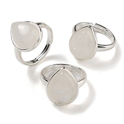 Хрусталь Каплевидные регулируемые кольца из натурального кварца, без свинца и без кадмия, посеребренные латунные перстни для женщин и мужчин, слеза: 18.5x14 мм, внутренний диаметр: 18 мм