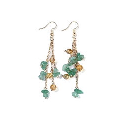 Green Aventurine Golden Plated Brass Dangle Earrings, with Natural Green Aventurine Chips, Jewely for Women, 80~84mm