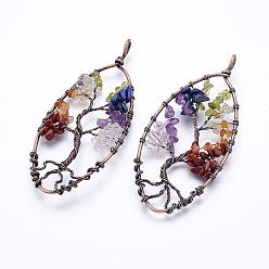 Смешанные камни Драгоценный камень большие кулоны, С латунными красными медными тонами, овальные с деревом, 88x39x3~6 мм, отверстие : 5x6.5 мм